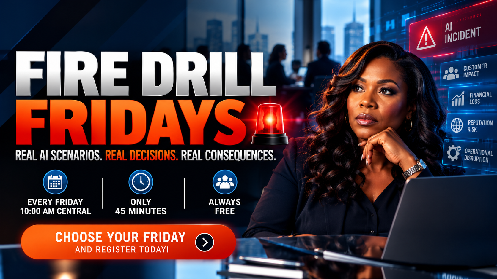 Fire Drill Fridays: Real AI scenarios. Real decisions. Real consequences. Every Friday at 10:00 AM Central, 45 minutes, always free.