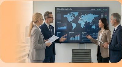 Executives reviewing global market data on a screen