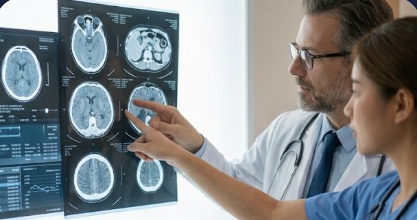 Clinicians reviewing brain scans in a hospital