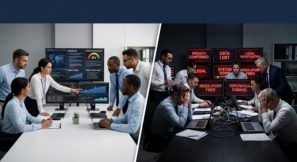 Split scene: a calm leadership team rehearsing with a readiness dashboard on the left, and a chaotic breach war room facing DATA LOST, LEGAL INVESTIGATION and REGULATORY FINES on the right.