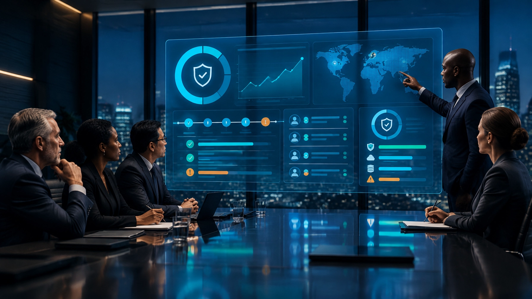 Board and executive team reviewing a cybersecurity readiness dashboard during a governance discussion