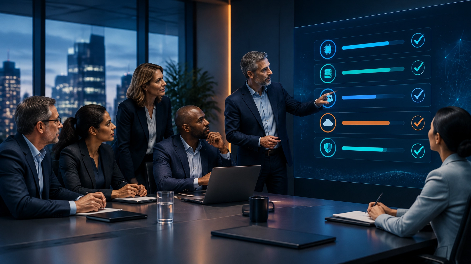 Leadership team reviewing a five-question AI readiness checklist in a contemporary conference room