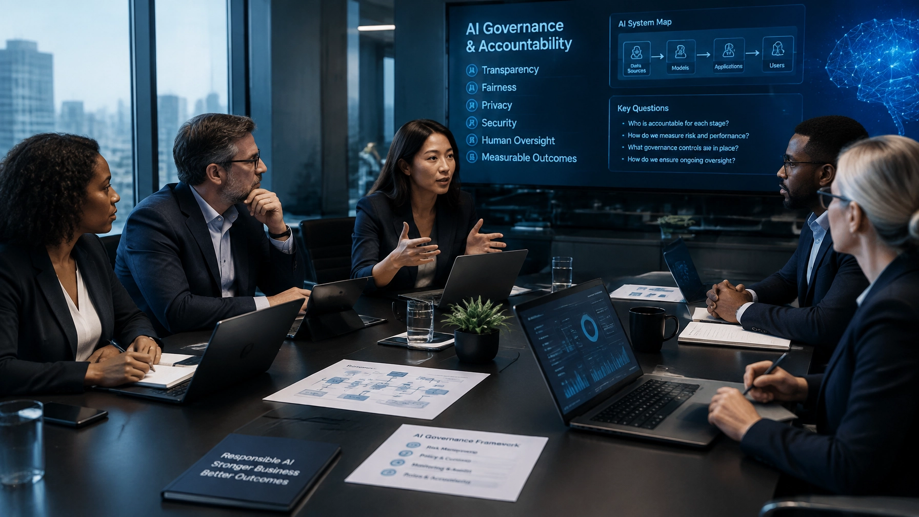 Executive leadership team reviewing AI tools, governance responsibilities, and accountability questions in a modern boardroom