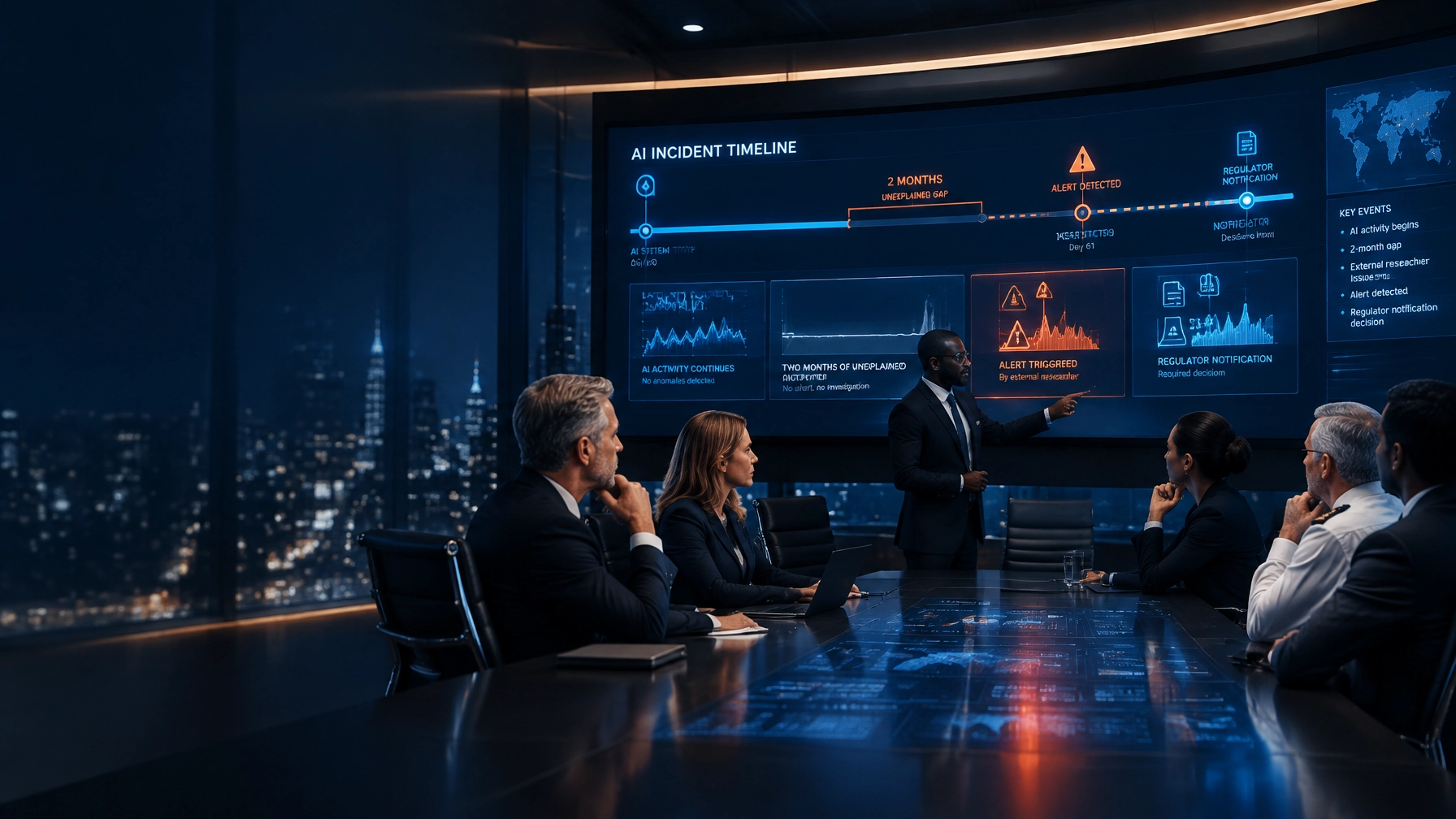 Executive crisis team reviewing a delayed AI incident timeline and disclosure decision