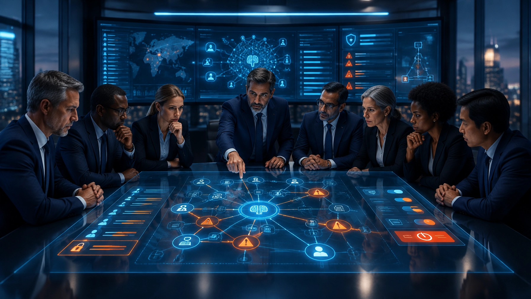 Executives and board leaders reviewing AI agent permissions, monitoring, and shutdown controls