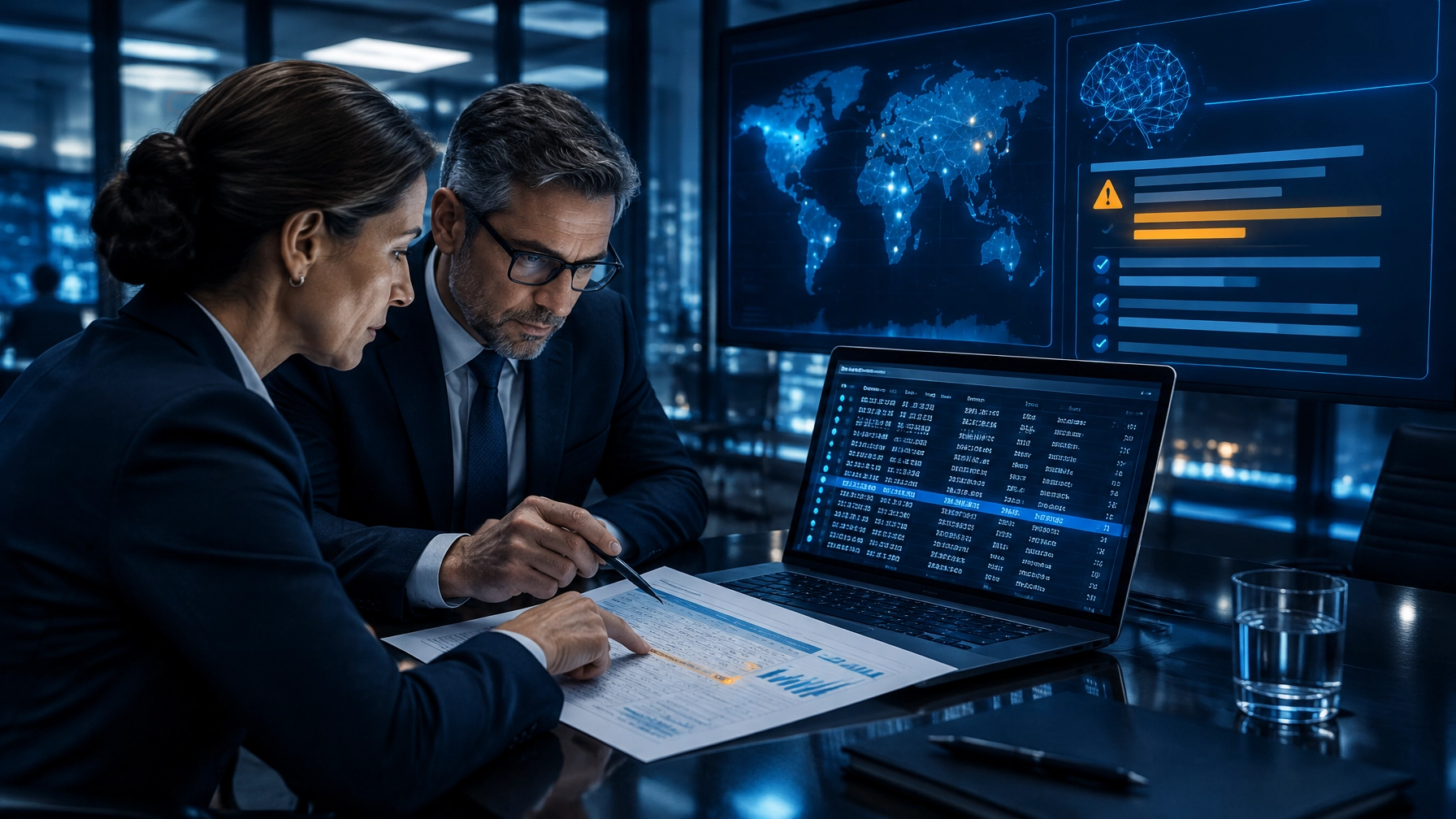 A compliance leader and technology executive compare an AI-generated board report with raw timestamped system logs