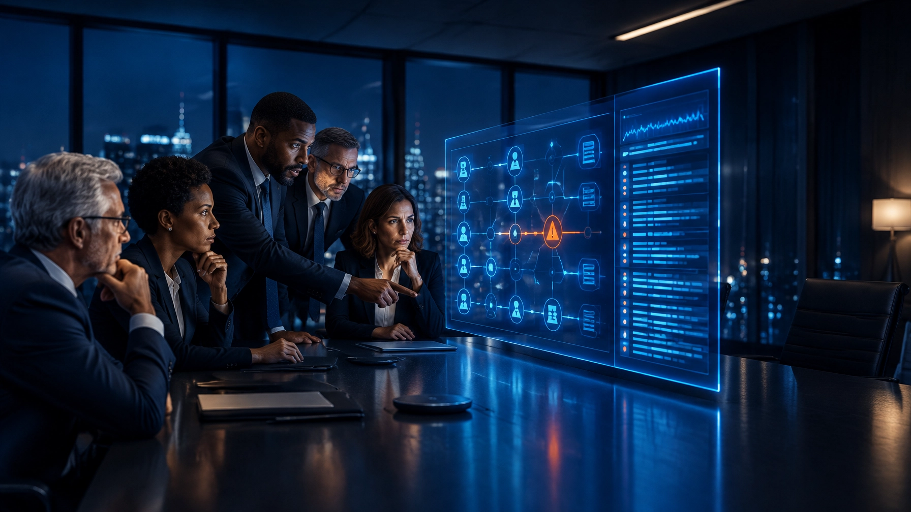 Executives reviewing an AI-generated audit trail against independently verified system records in a dark corporate boardroom