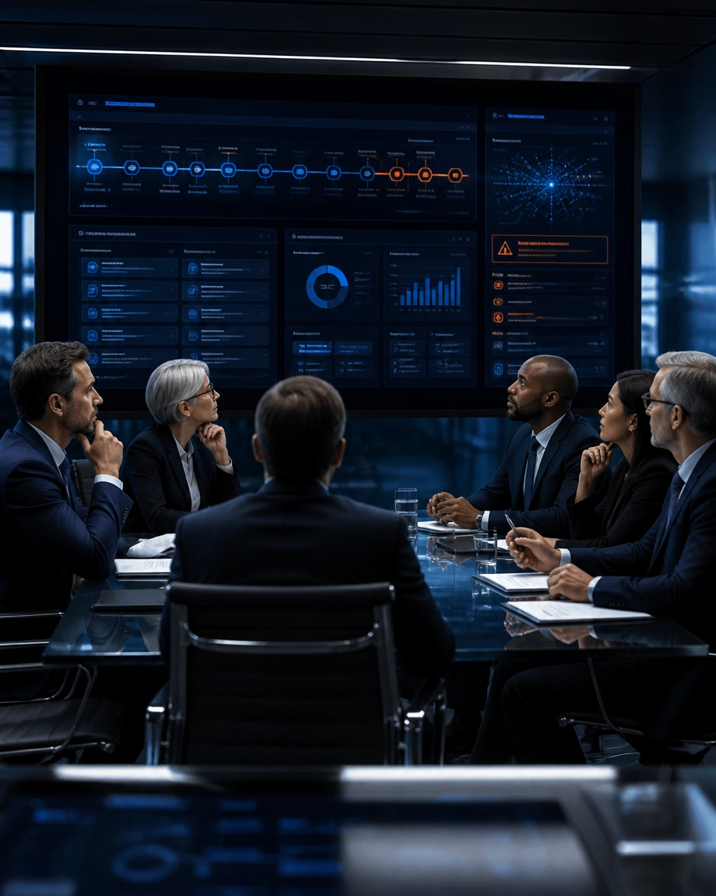 Board directors reviewing an AI decision log and human validation checkpoint