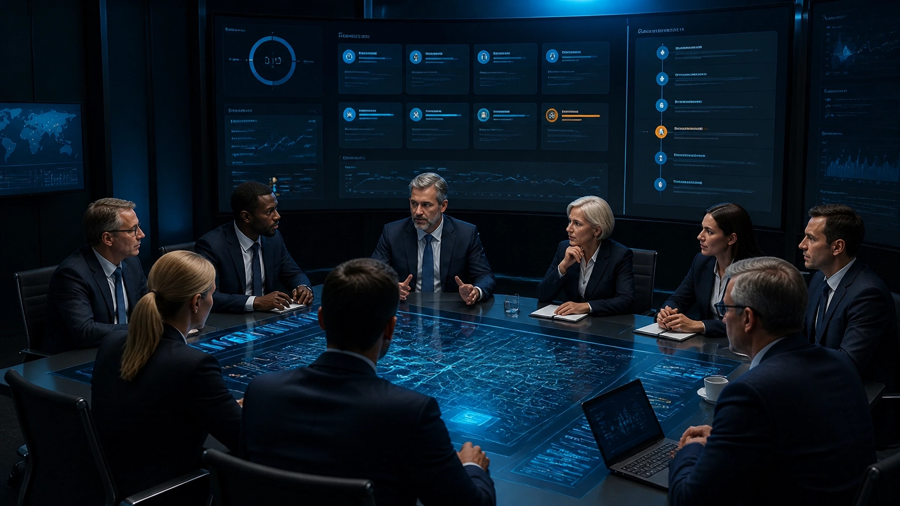 Executive team practicing an AI-driven cyber crisis with a live simulation dashboard