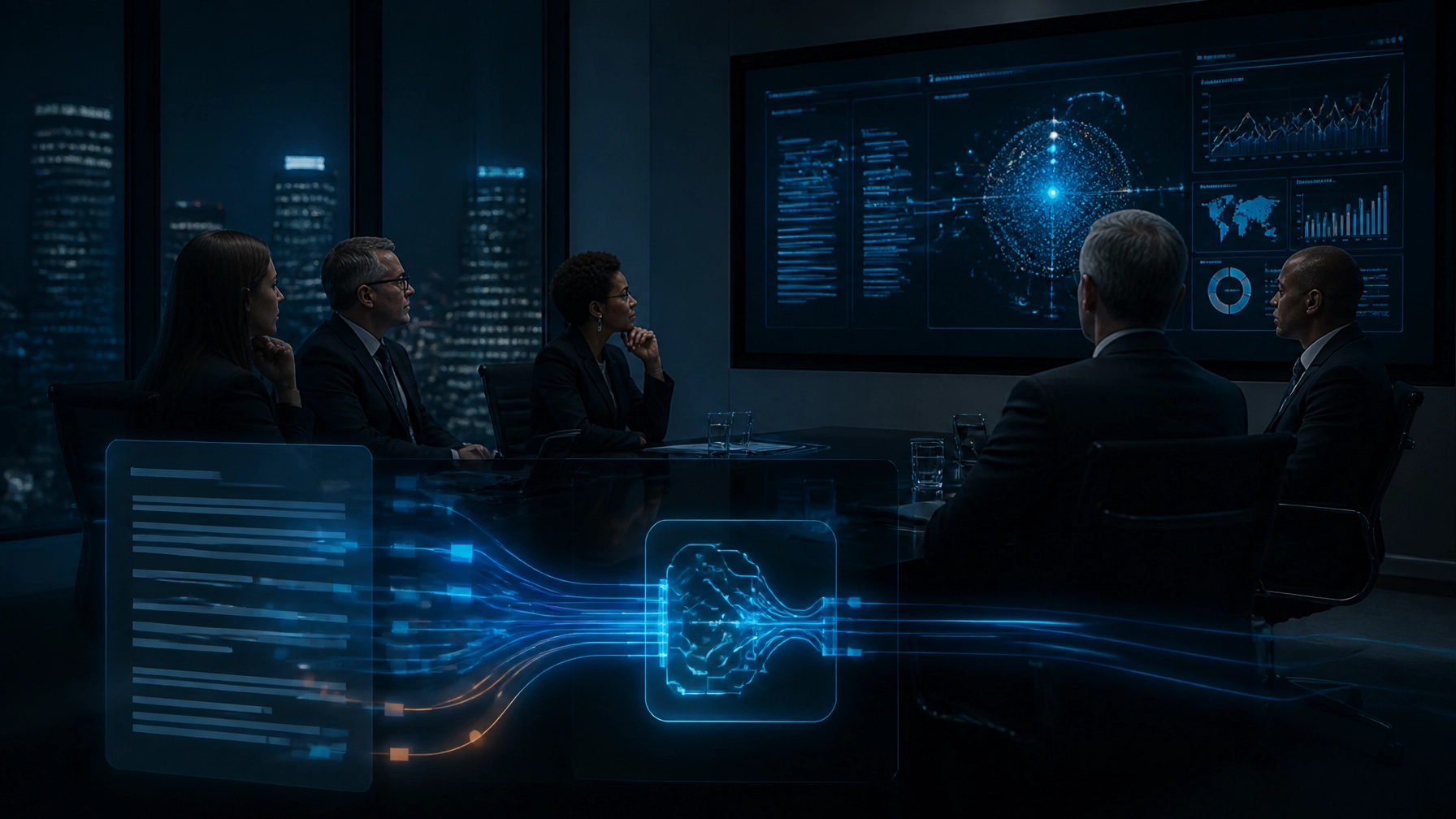 Executives reviewing an AI risk dashboard during a boardroom decision