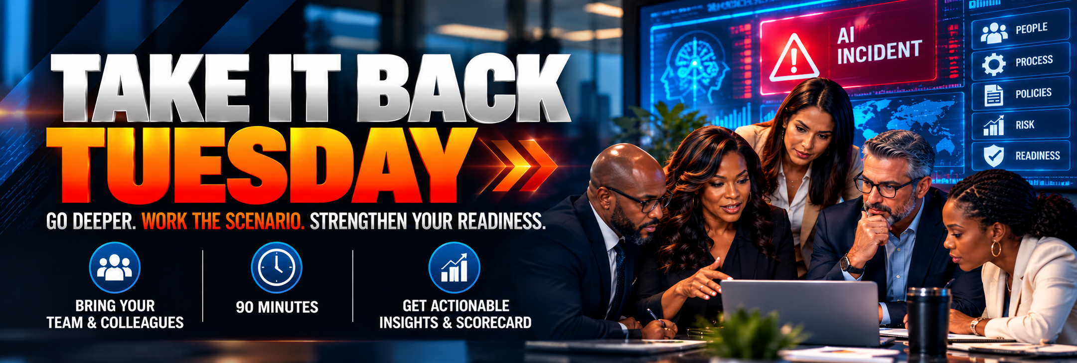 Take It Back Tuesday: Go deeper, work the scenario, and strengthen your readiness in a 90-minute team session with actionable insights and a scorecard.